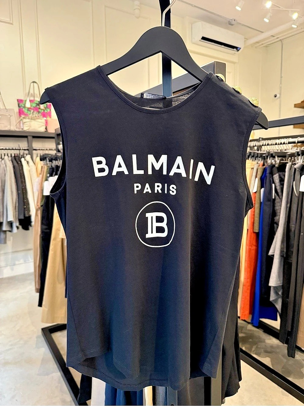 Balmain Logo-Print Button-Embellished Tank Top Black